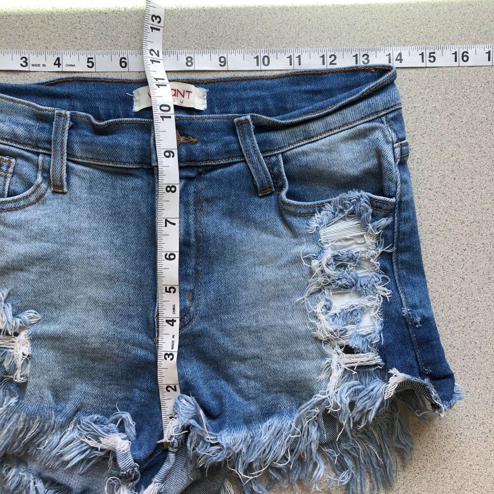 Vibrant MIU Fringed Jean Shorts Women Medium Blue Distressed High Rise Demim - Picture 5 of 5